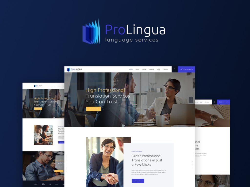ProLingua multilingual translation WordPress theme demo showing clean interface and language services