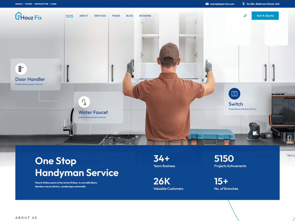 Houzfix Theme, Handyman WordPress Theme, Plumber WordPress Template, Repair Business Theme, Free WordPress Themes, HVAC Website Theme, Electrician Theme, Cleaning Services WordPress Theme, Service Provider Theme, Responsive Repair Theme