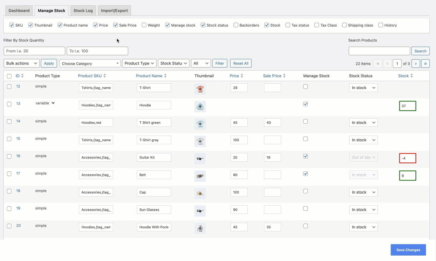 WooCommerce Product Stock Manager plugin — bulk stock editing interface