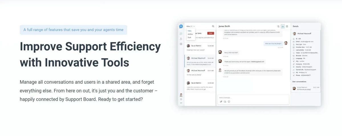 SupportBoard WordPress plugin — live chat and helpdesk interface